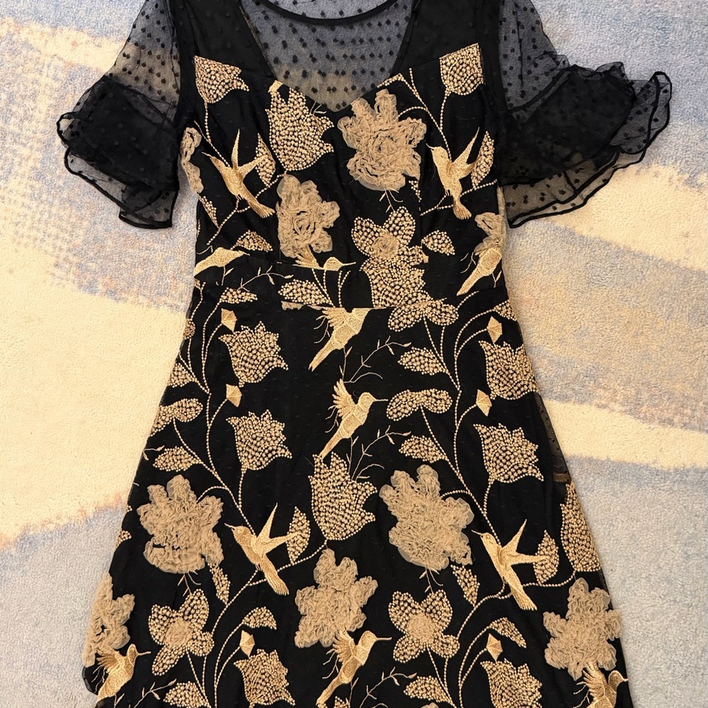 Elegant Black Dress with Gold Floral Embroidery